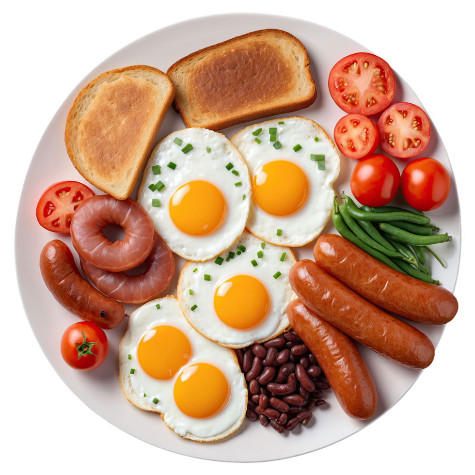 ai generiert Englisch Frühstück. gebraten Eier, Würste, Speck, Bohnen, Toast, Tomaten isoliert auf transparent Hintergrund png