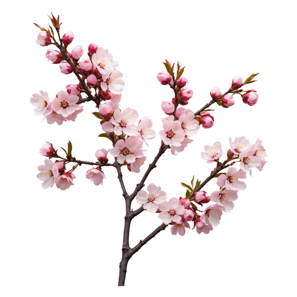 AI generated Cherry tree branches with small clusters of pink flowers isolated on transparent background png