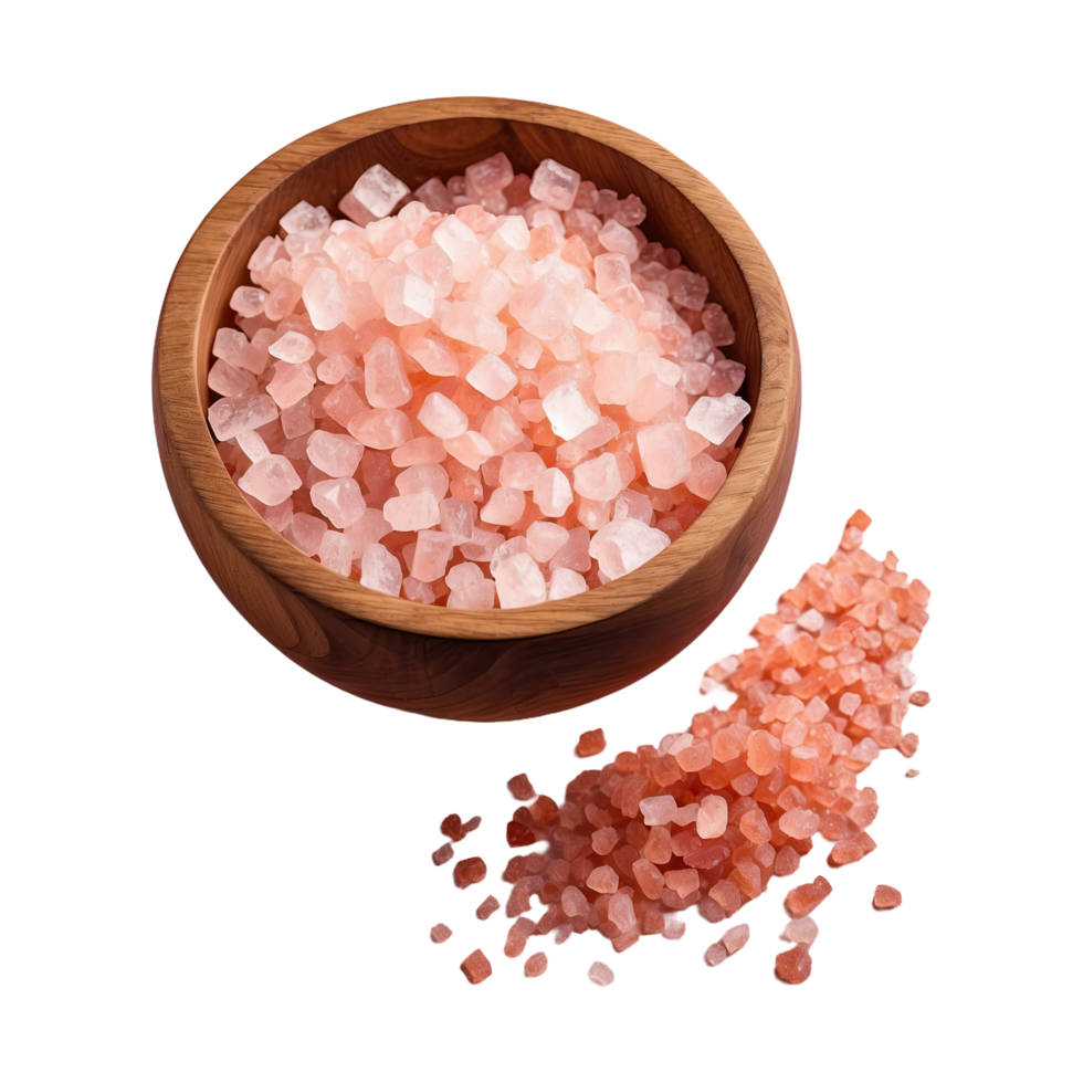 AI generated Crystalline himalayan pink salt in a wooden bowl isolated on transparent background png