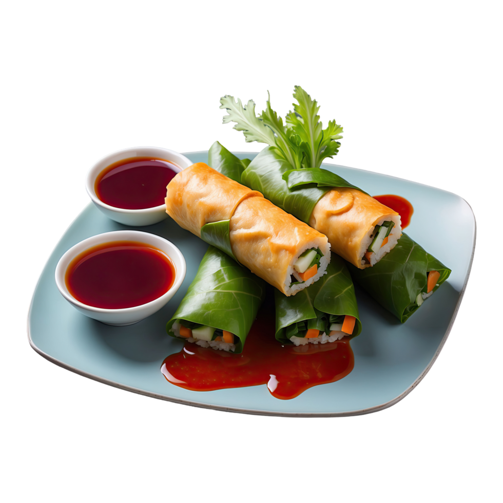 AI generated fried vegetable rolls with plum sauce isolated on transparent background png