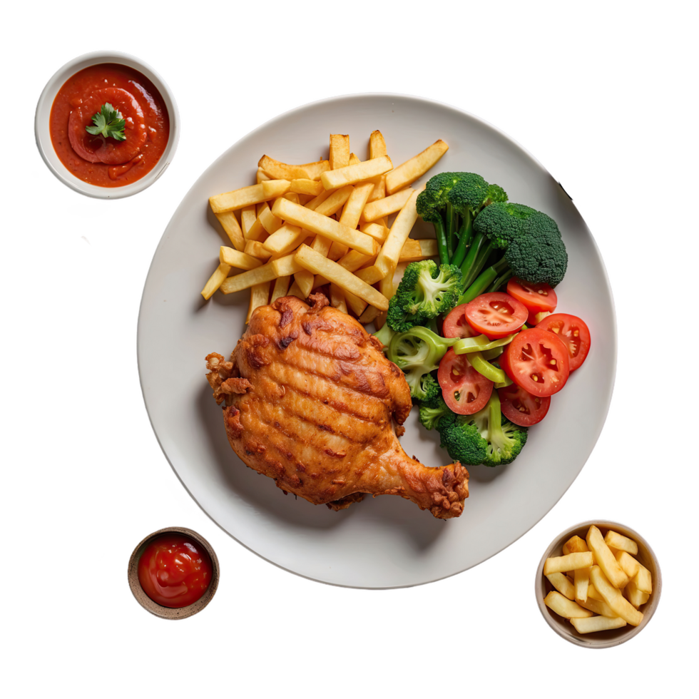 AI generated Chicken chop and french fries accompanied by vegetables isolated on transparent background png