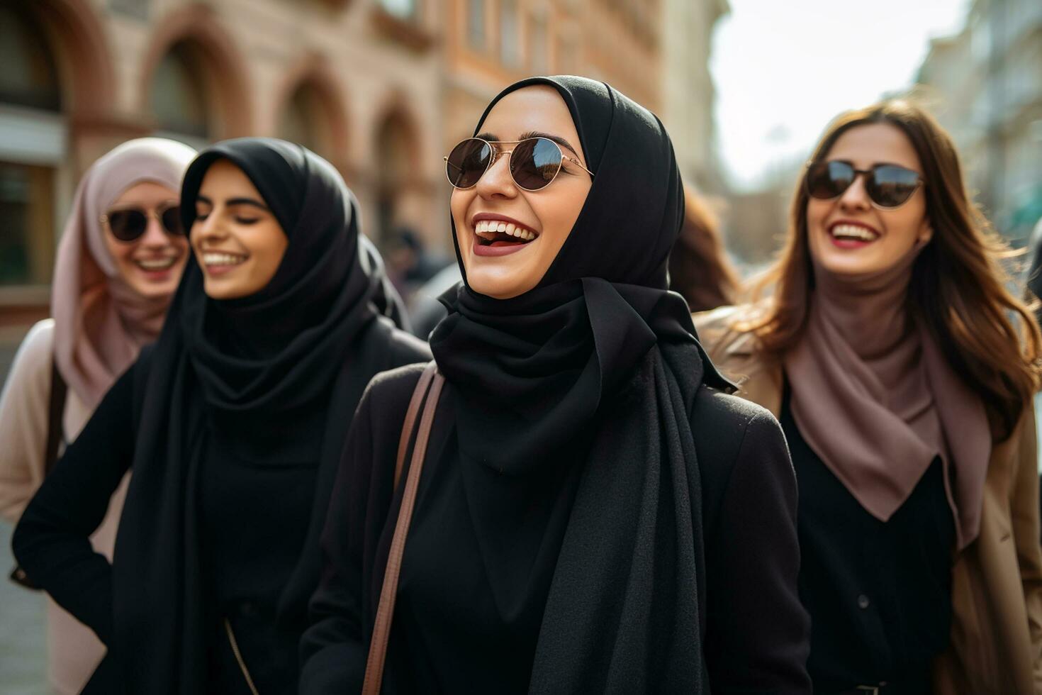 AI generated Group of Muslim friends wearing hijab embracing and smiling together photo