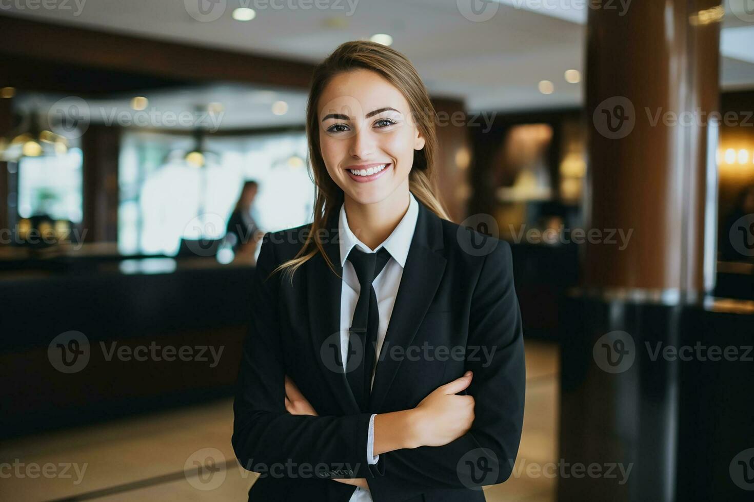 ai generado retrato de hermosa mujer de negocios en moderno oficina generativo ai foto