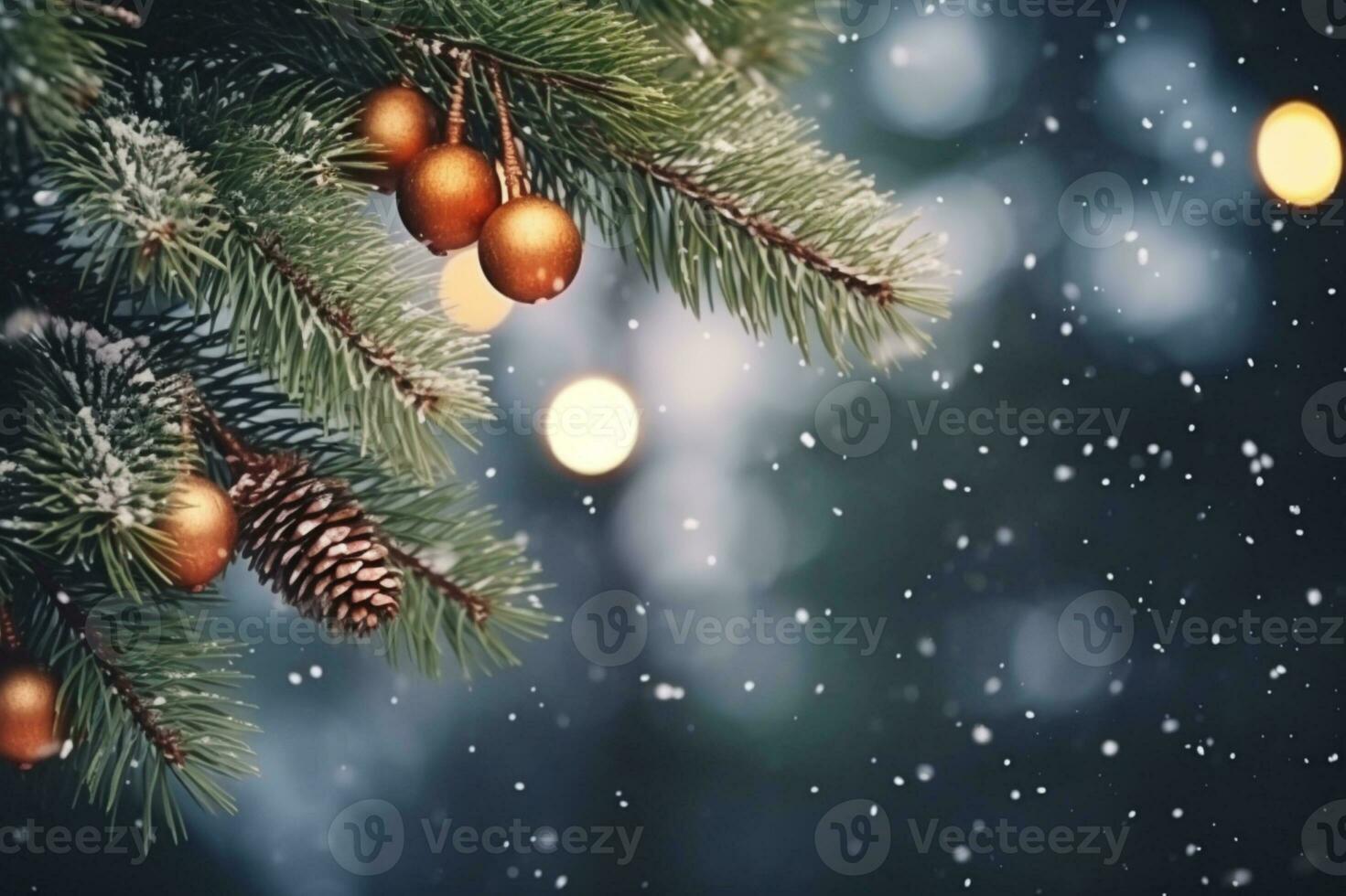 AI generated Snowflakes settling on pine branches under soft winter moonlight photo