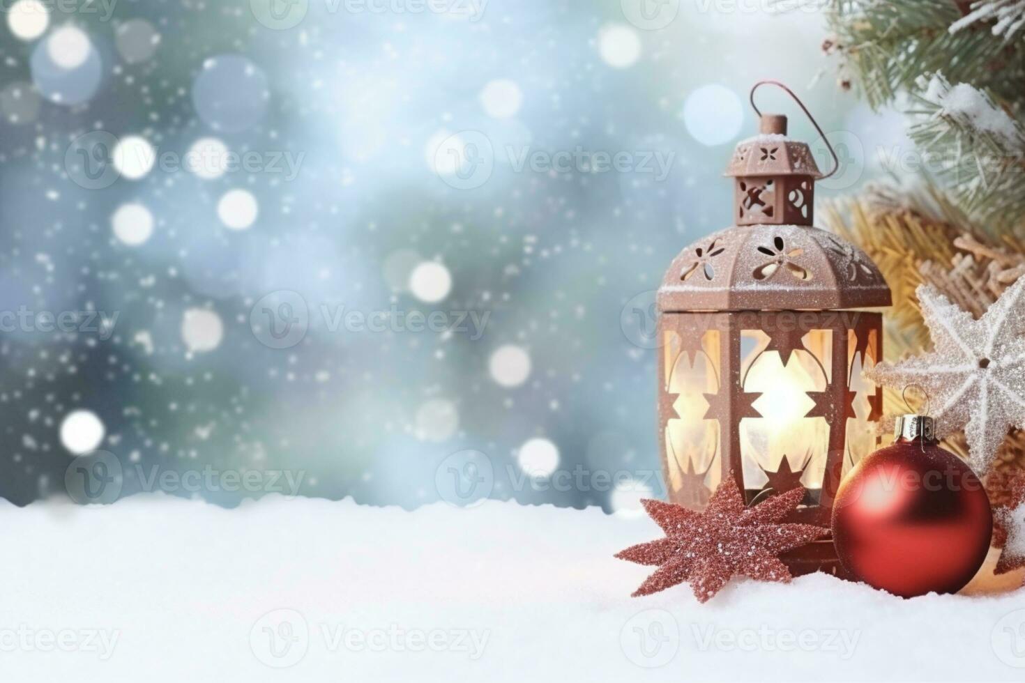 AI generated Christmas lantern with fir branch and decoration on snowy table defocused background photo