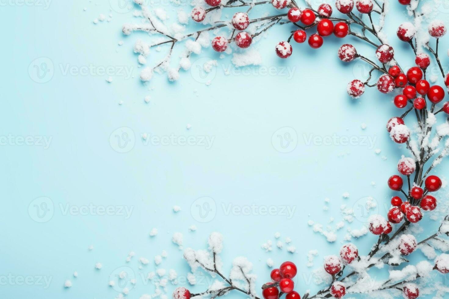 AI generated Christmas composition of fir tree branches with baubles on light blue background photo