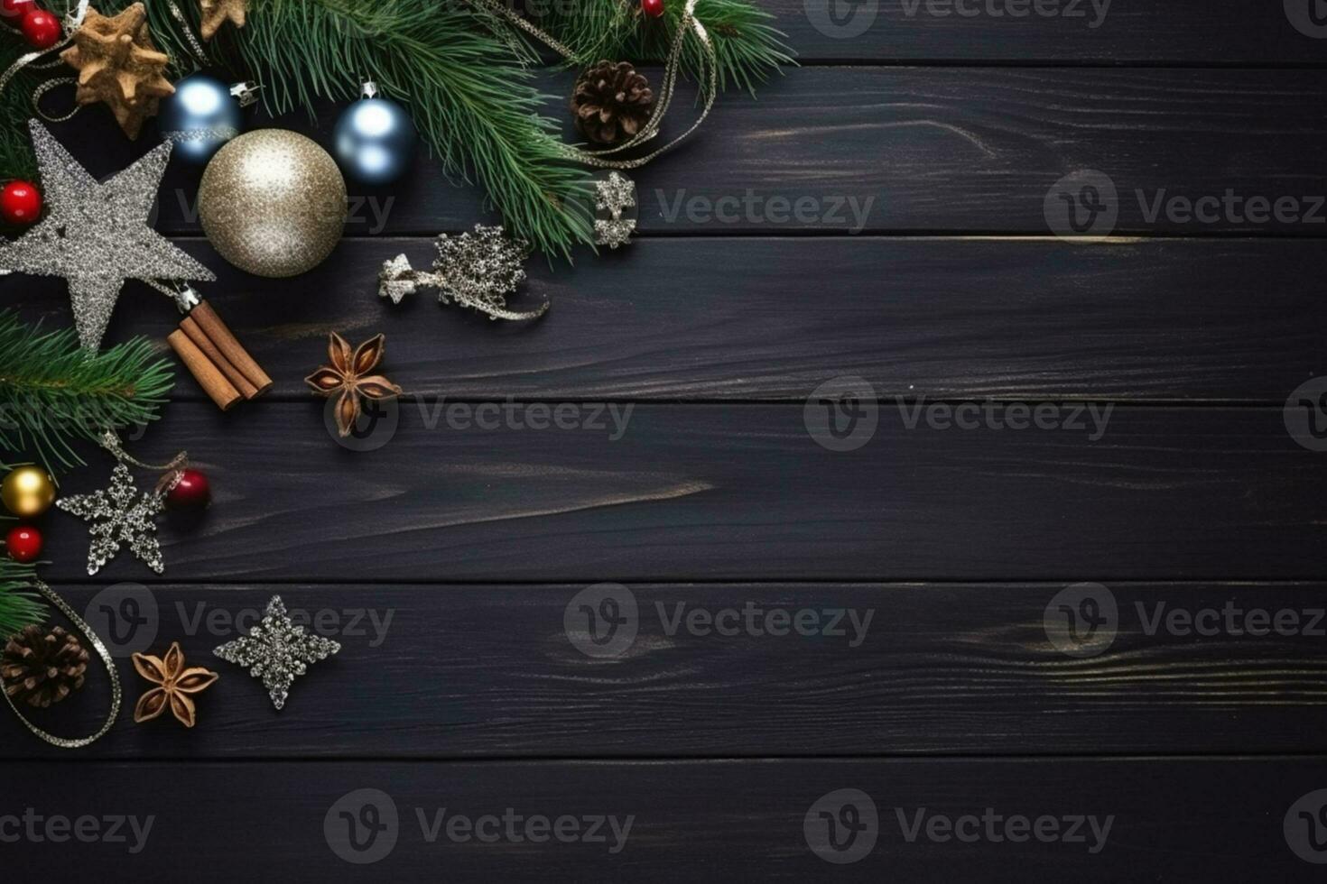 AI generated christmas holidays composition of fir tree branches with baubles copy space photo