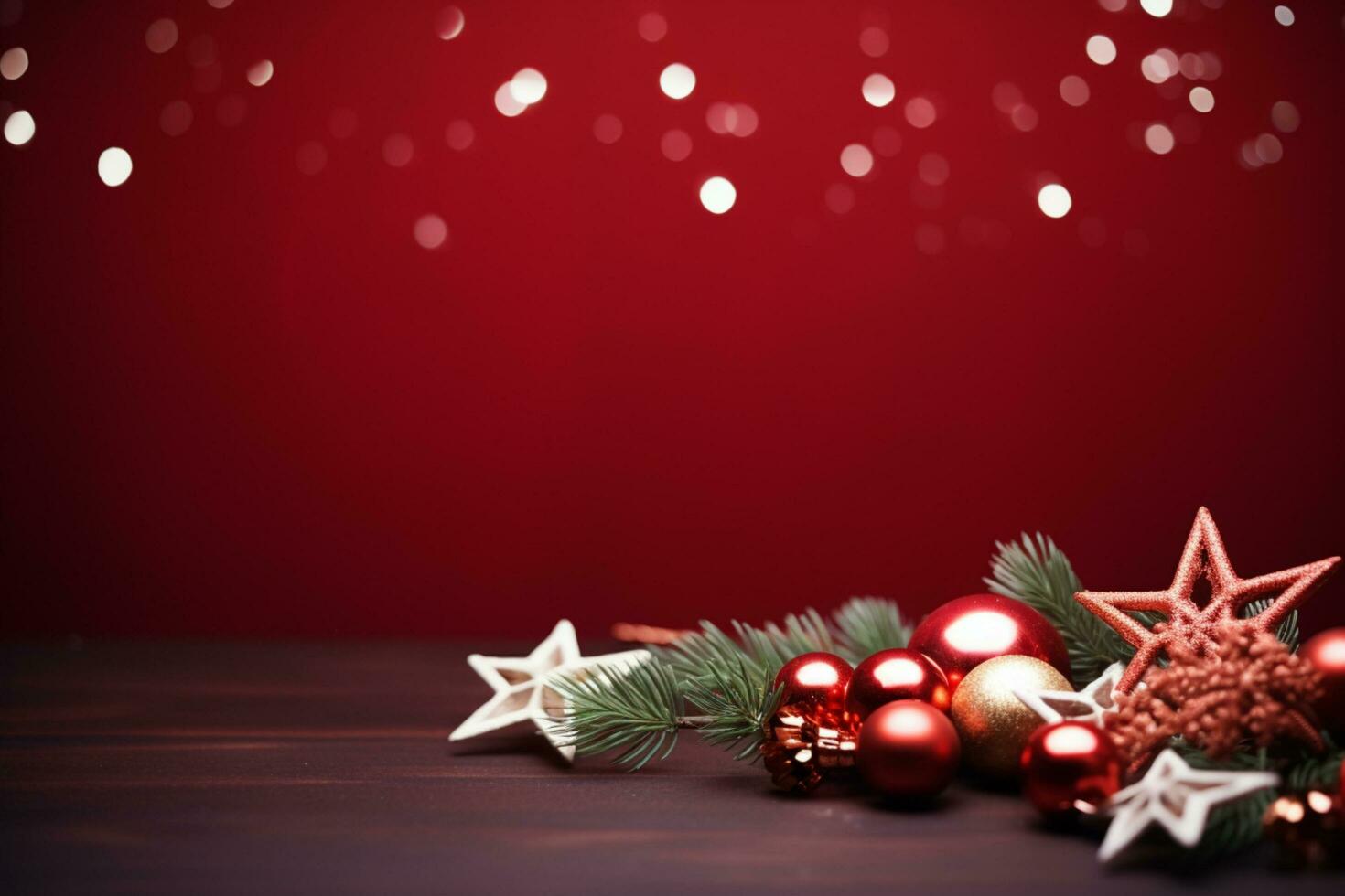 AI generated christmas holidays composition of fir tree branches with baubles and copy space photo
