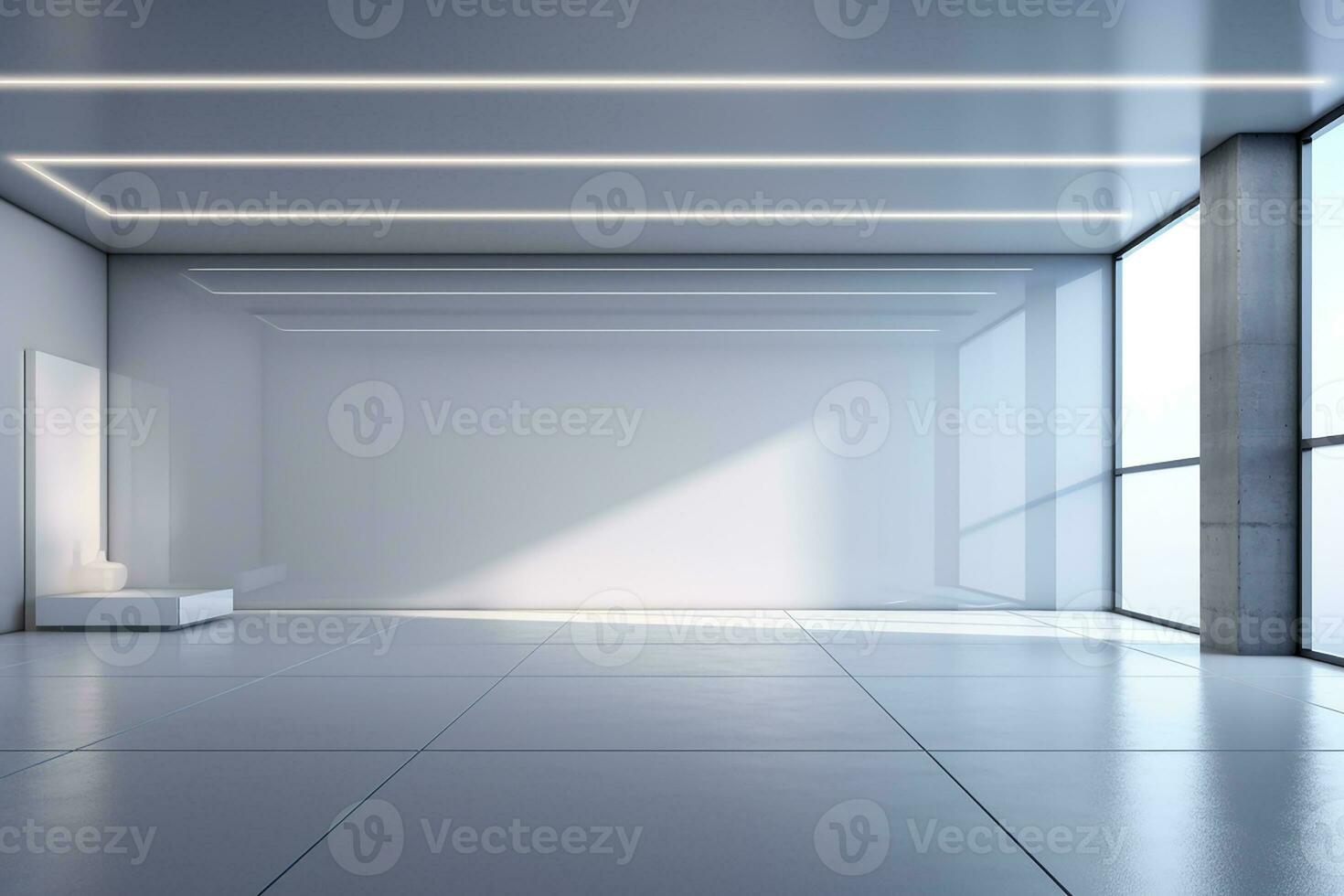 AI generated 3d rendered Modern Hall Interior Background Empty room with a huge window. minimal with copy space photo