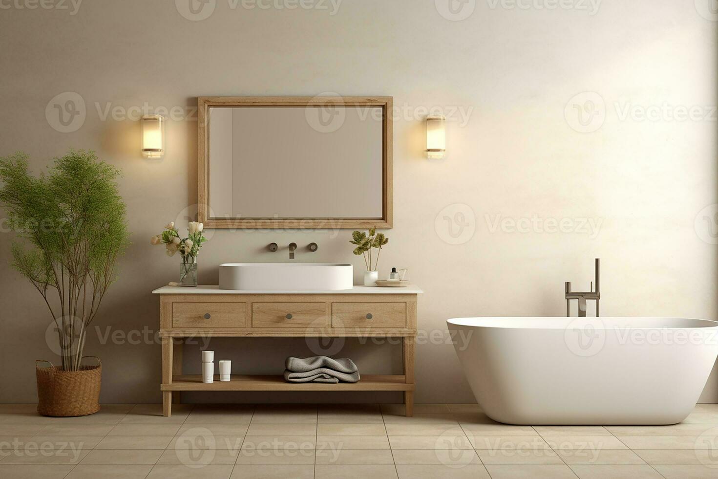 AI generated 3d rendered Minimal style Modern bathroom interior design with bathtub photo