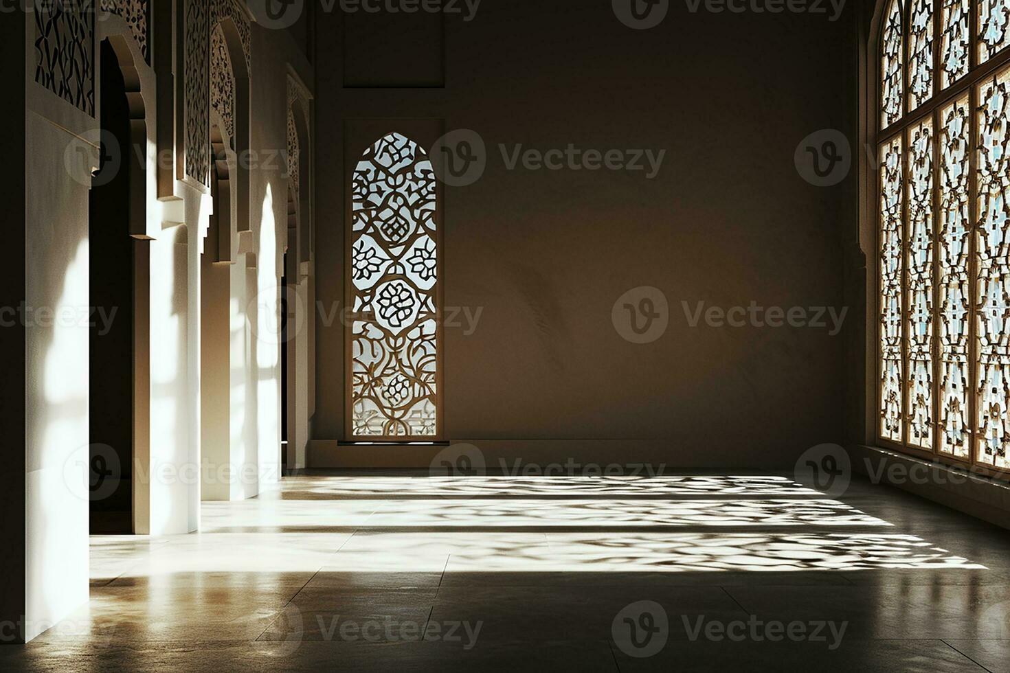 AI generated Islamic background light with mosque window ornament scene photo
