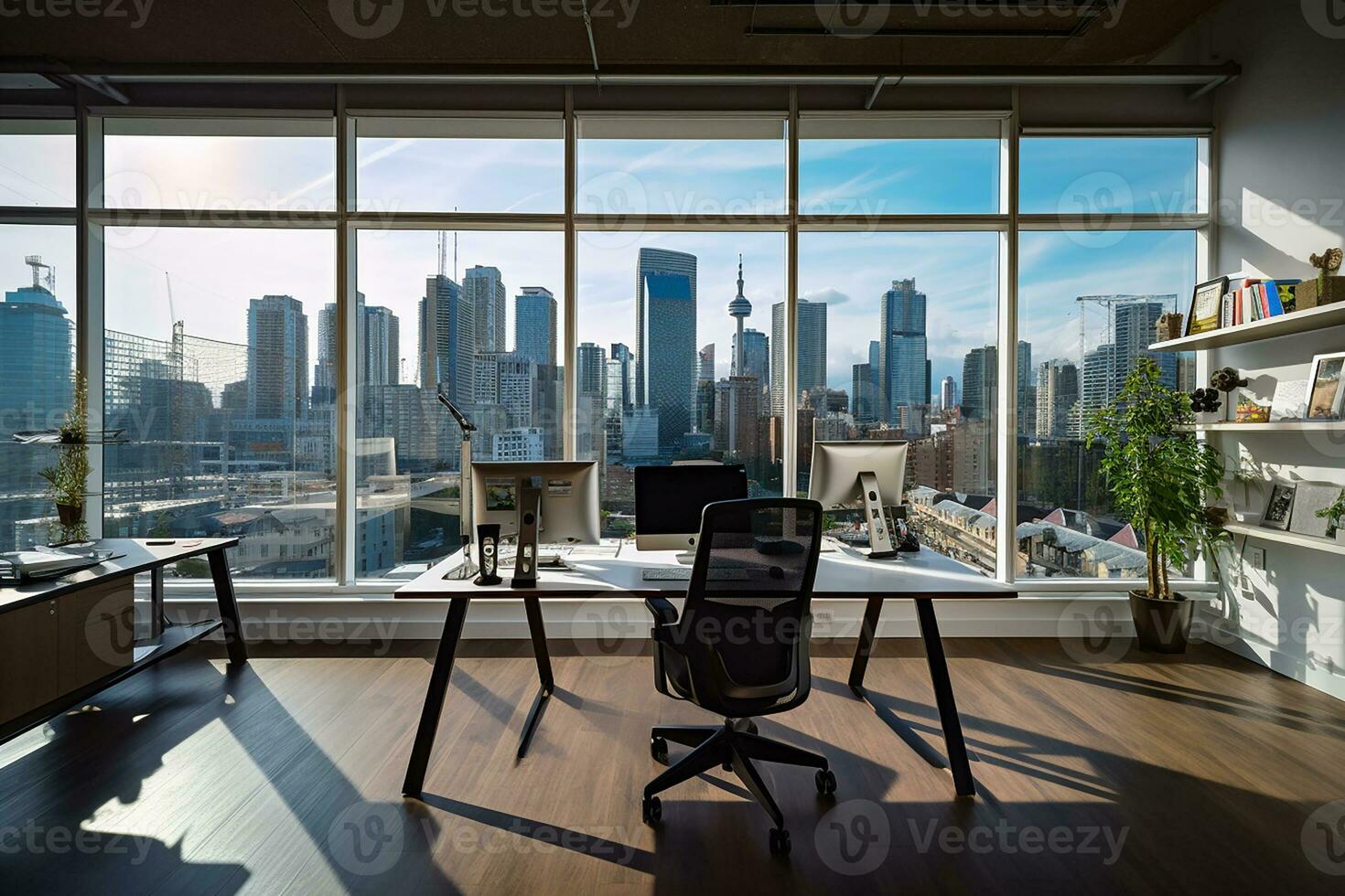 AI generated Beautiful background of a modern office interior with panoramic windows photo