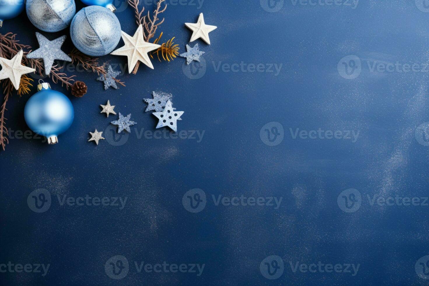 AI generated Top view of Christmas background on blue background with copy space photo