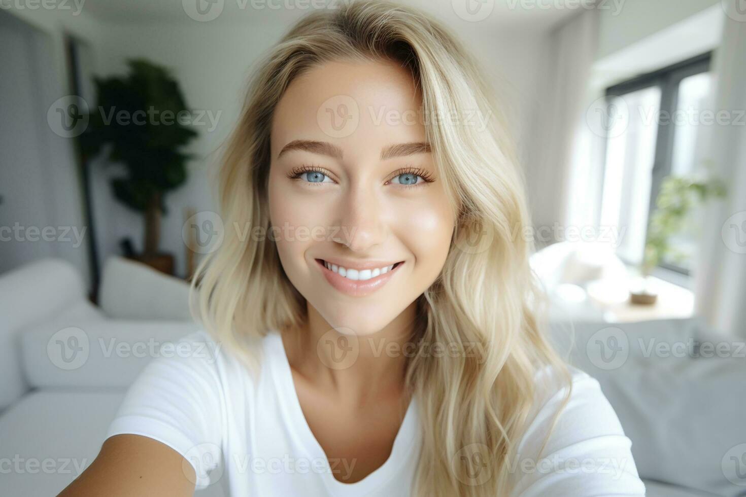 AI generated happy young woman taking a selfie generative AI photo