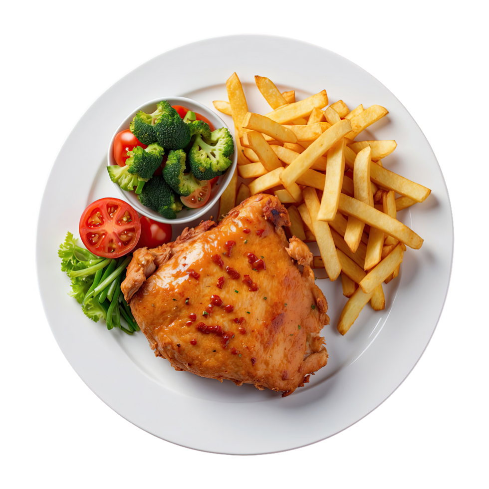AI generated delicious Chicken chop and french fries accompanied isolated on transparent background png