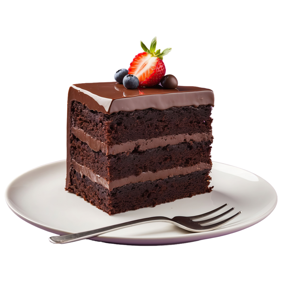 AI generated slice of chocolate cake on a plate isolated on transparent background png
