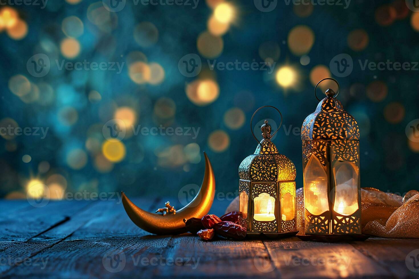 AI generated Ornamental Arabic lantern with burning candle glowing at night invitation for Muslim holy month Ramadan Kareem photo