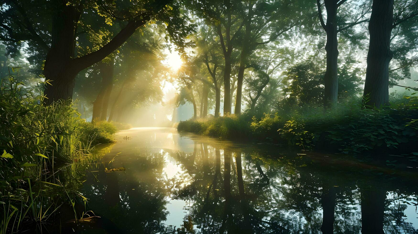 ai generado Mañana ligero reflejando en un tranquilo bosque río foto