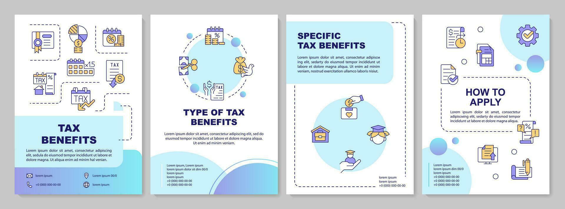 Tax relief blue gradient brochure template. Tax benefits. Leaflet design with linear icons. Editable 4 vector layouts for presentation, annual reports