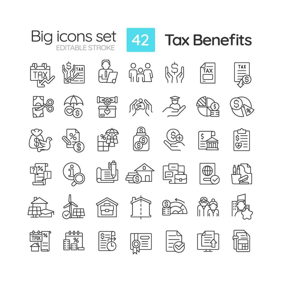 Tax benefits linear icons set. Fiscal policy. Governmental incentives. Financial planning. Tax relief. Customizable thin line symbols. Isolated vector outline illustrations. Editable stroke