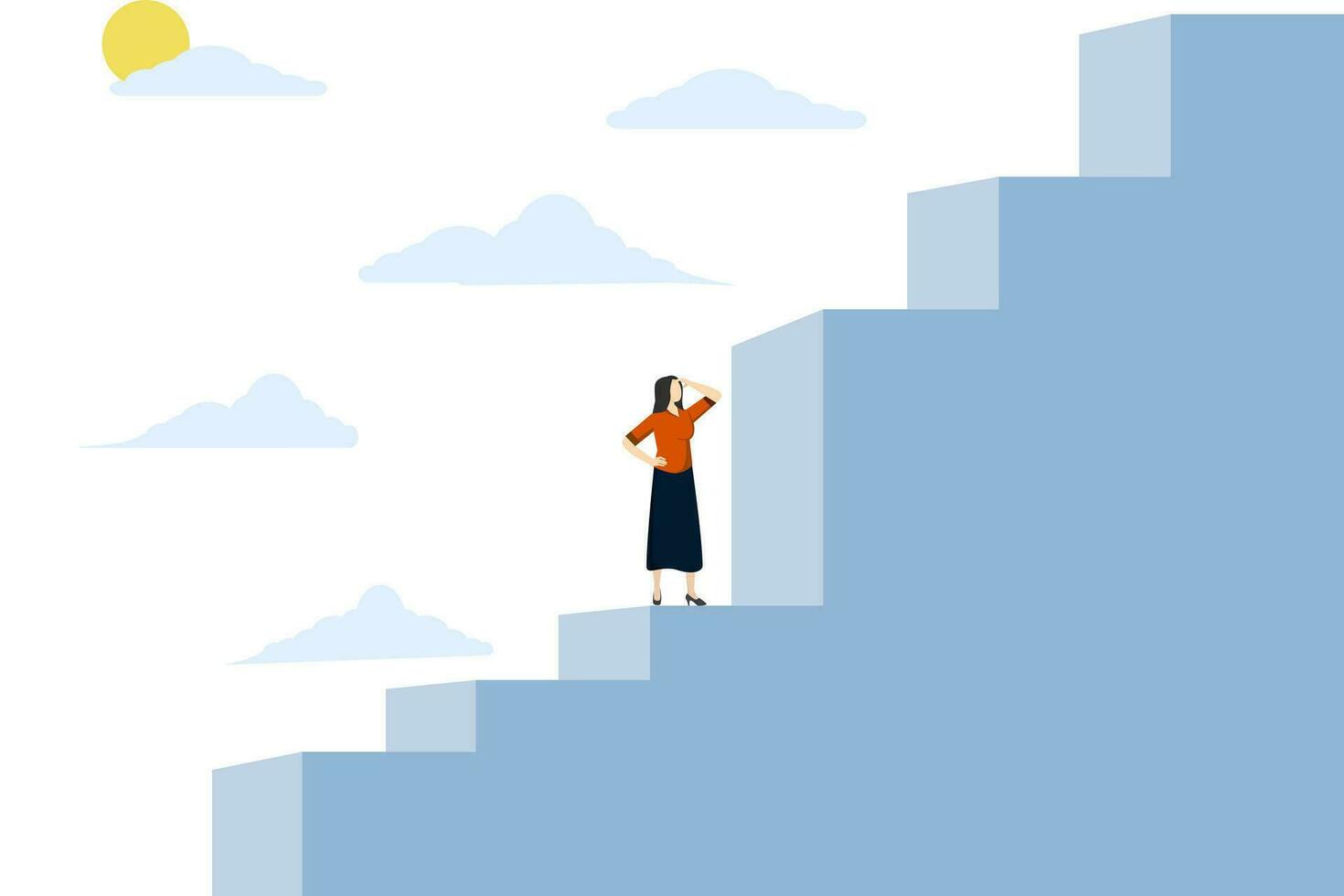 concept of challenge to overcome difficulties, obstacles or business problems, thinking of solutions to overcome obstacles to success, woman climbing the stairs to find a big difficult step. vector. vector