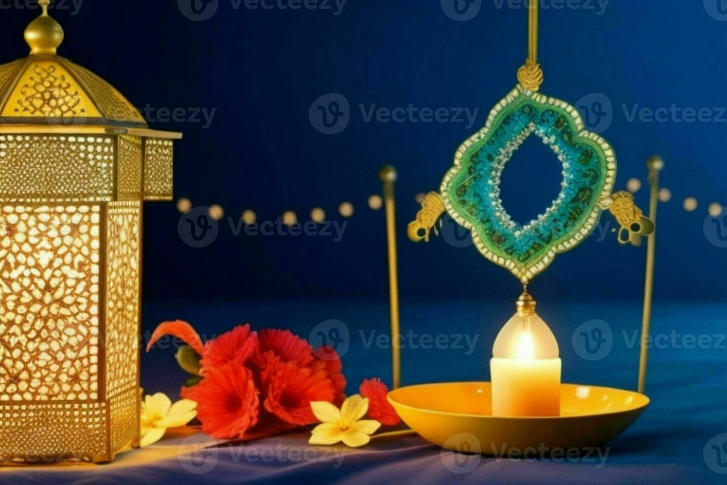 AI generated Celebration of islamic eid mubarak and eid al adha lantern background and banner Design. Pro Photo