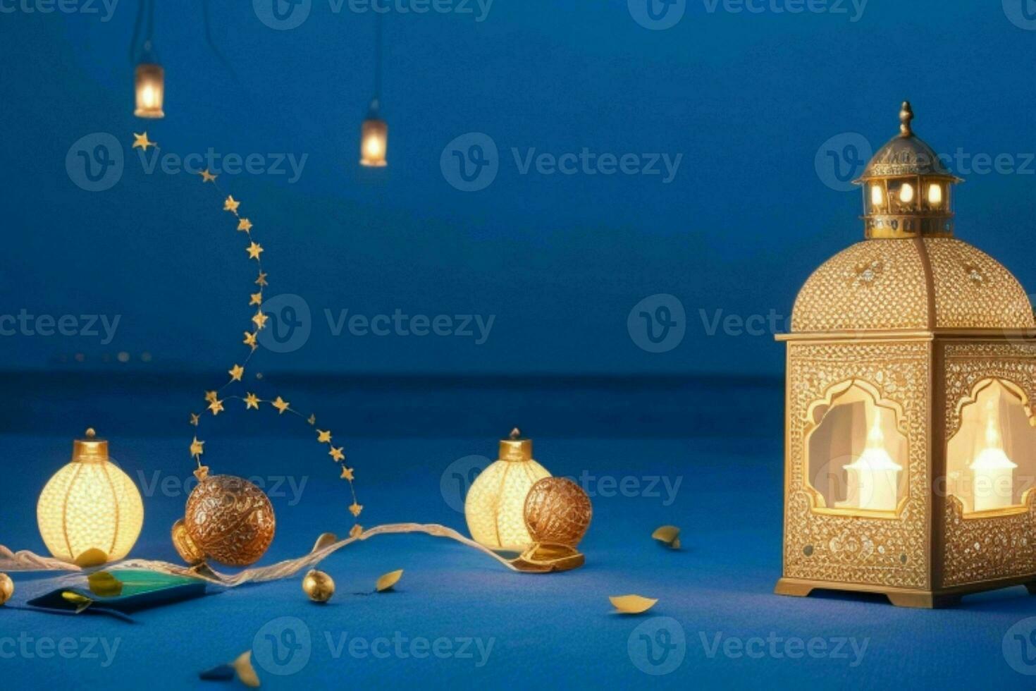AI generated Celebration of islamic eid mubarak and eid al adha lantern background and banner Design. Pro Photo