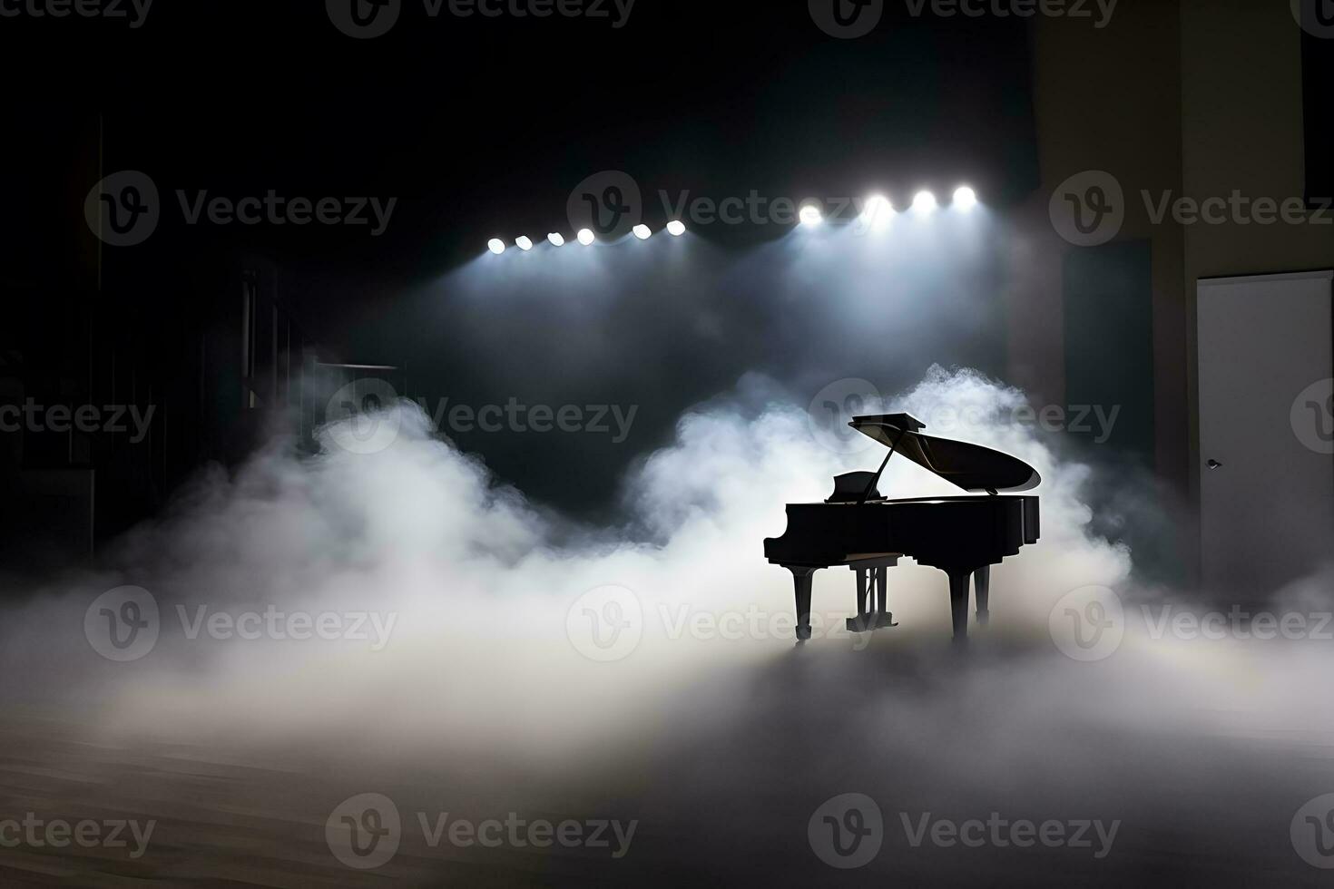 AI generated piano and smoke on stage. Neural network AI generated photo