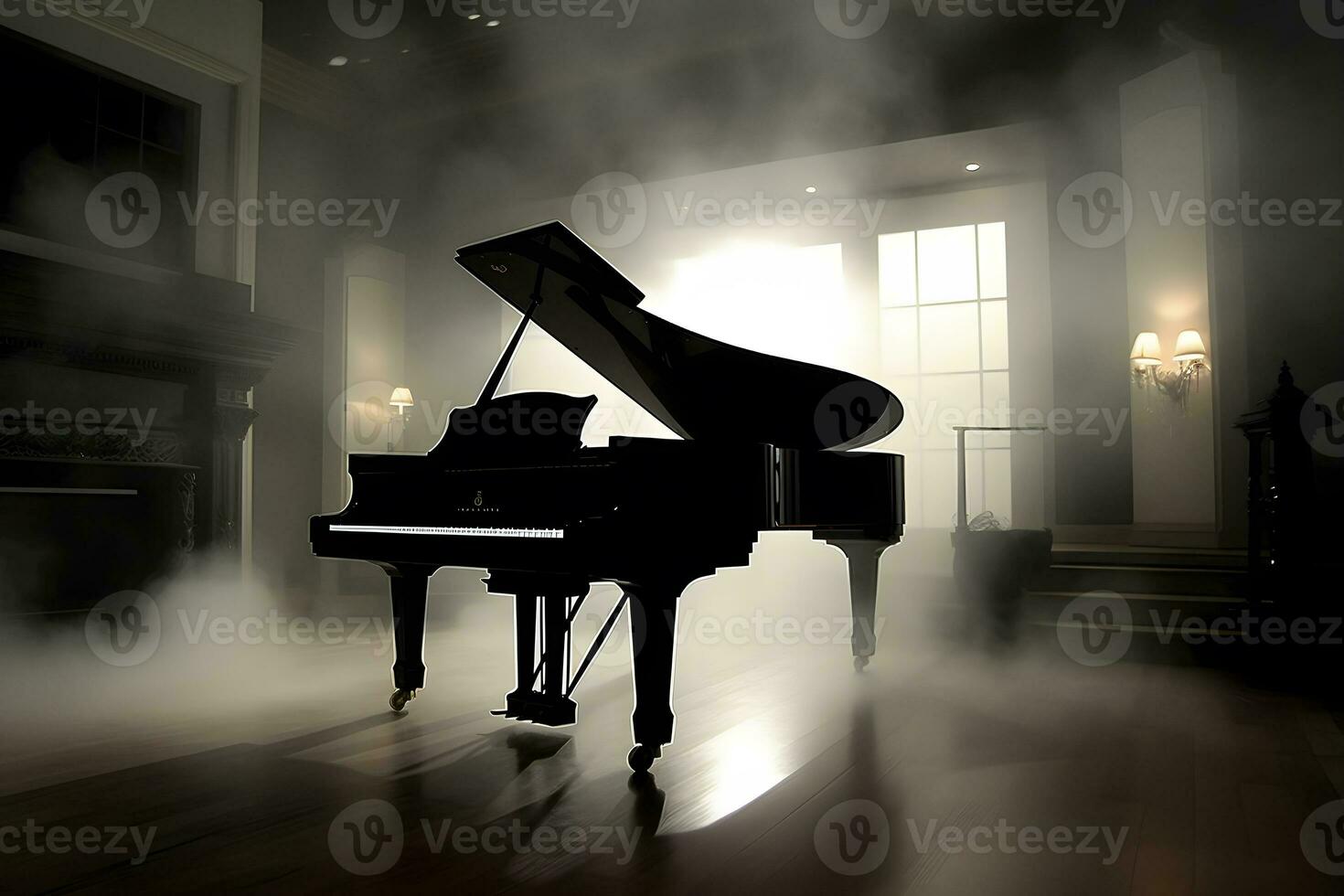 AI generated piano and smoke on stage. Neural network AI generated photo