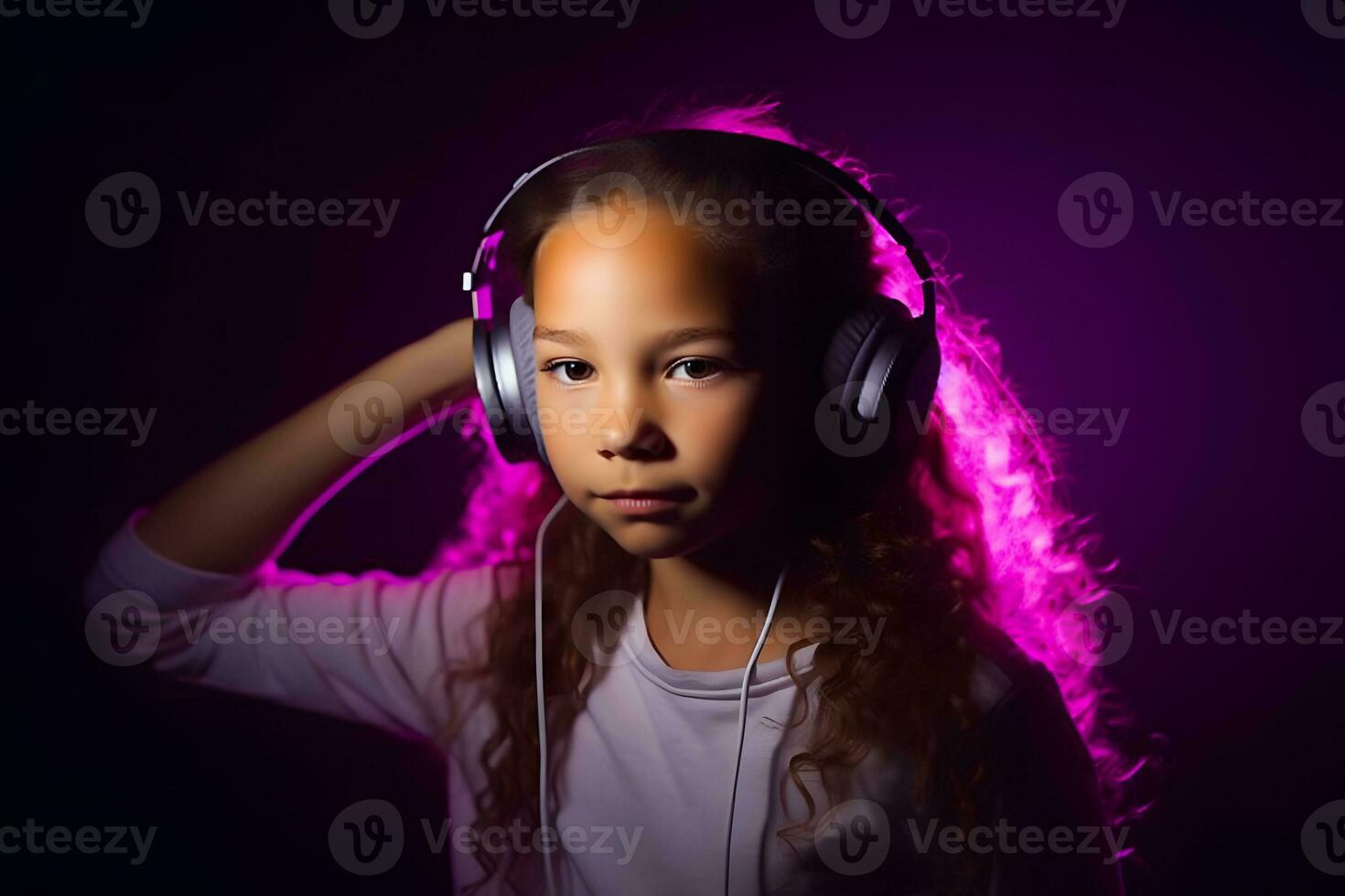 AI generated Girl listening to music with wireless headphones neon light. Neural network AI generated photo