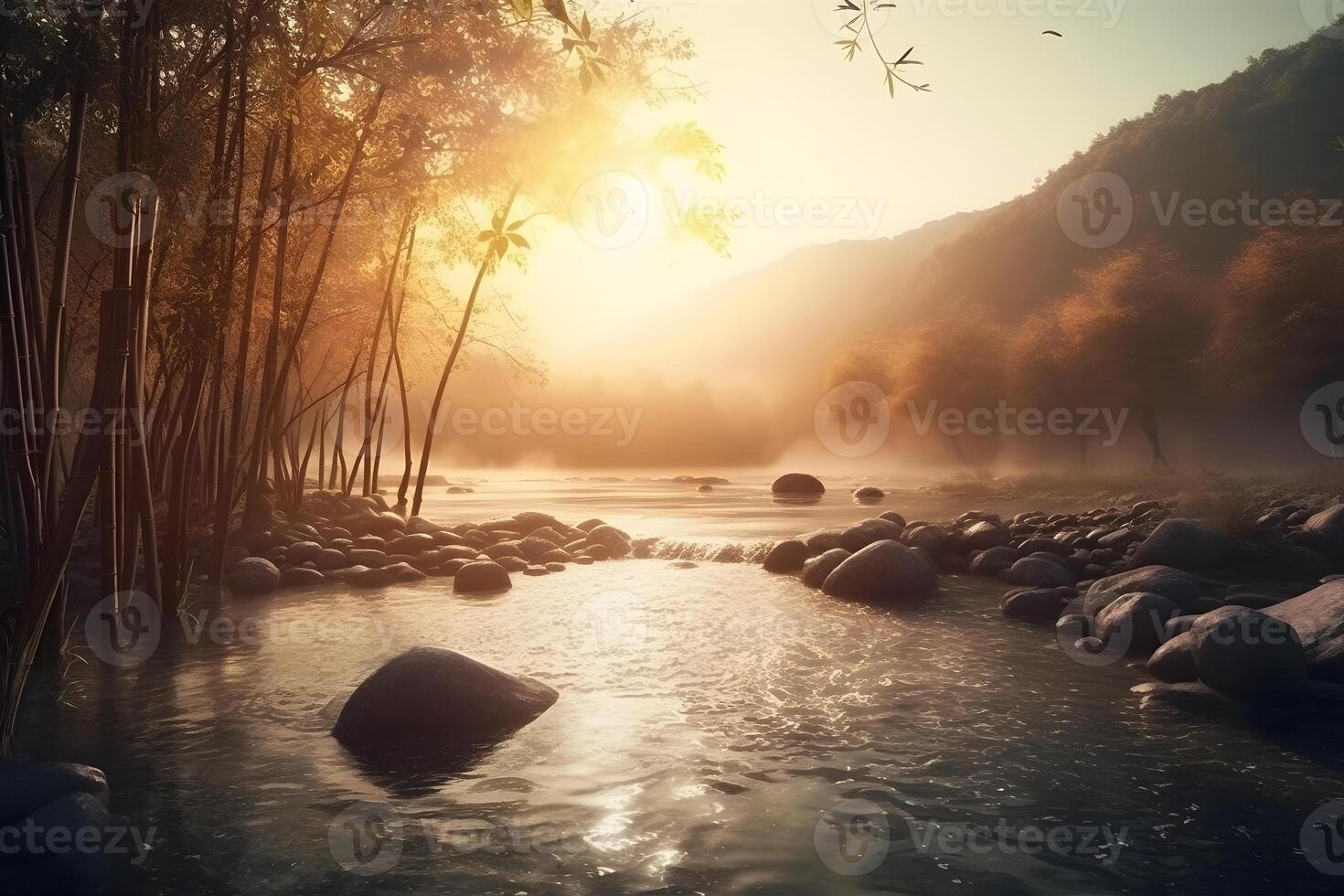 AI generated River and forest landscape sunset. Neural network AI generated photo