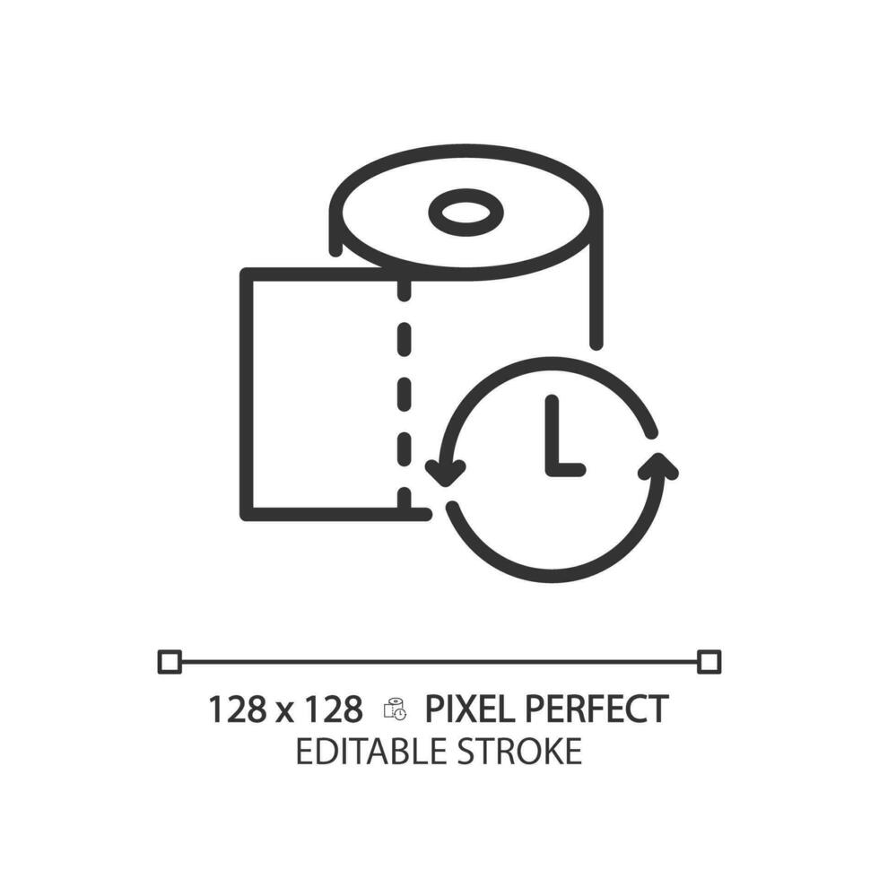 2D pixel perfect editable black toilet paper with clock icon, isolated monochromatic vector, thin line illustration representing metabolic health. vector