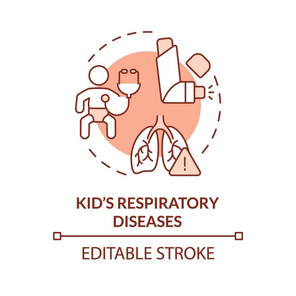 2D editable thin line icon kids respiratory disease concept, isolated monochromatic vector, red illustration representing parenting children with health issues. vector