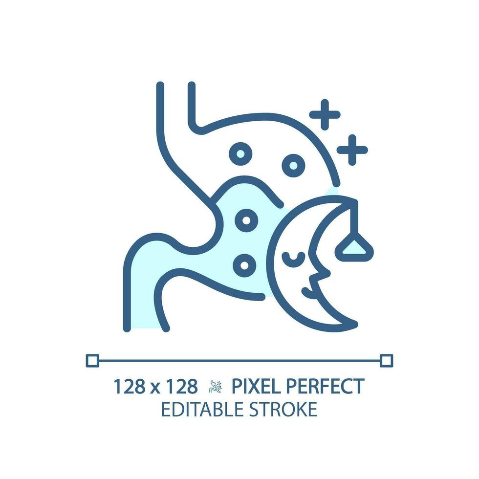 2D pixel perfect editable blue digestive system with sleep icon, isolated monochromatic vector, thin line illustration representing metabolic health. vector