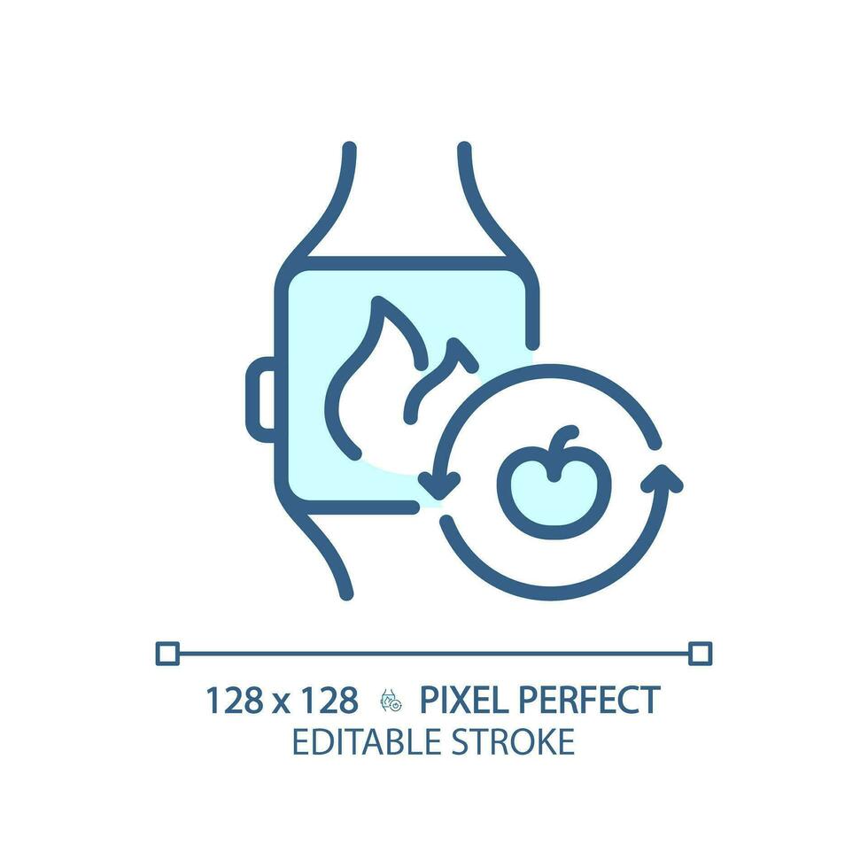 2D pixel perfect editable blue smartwatch with fruit icon, isolated monochromatic vector, thin line illustration representing metabolic health. vector