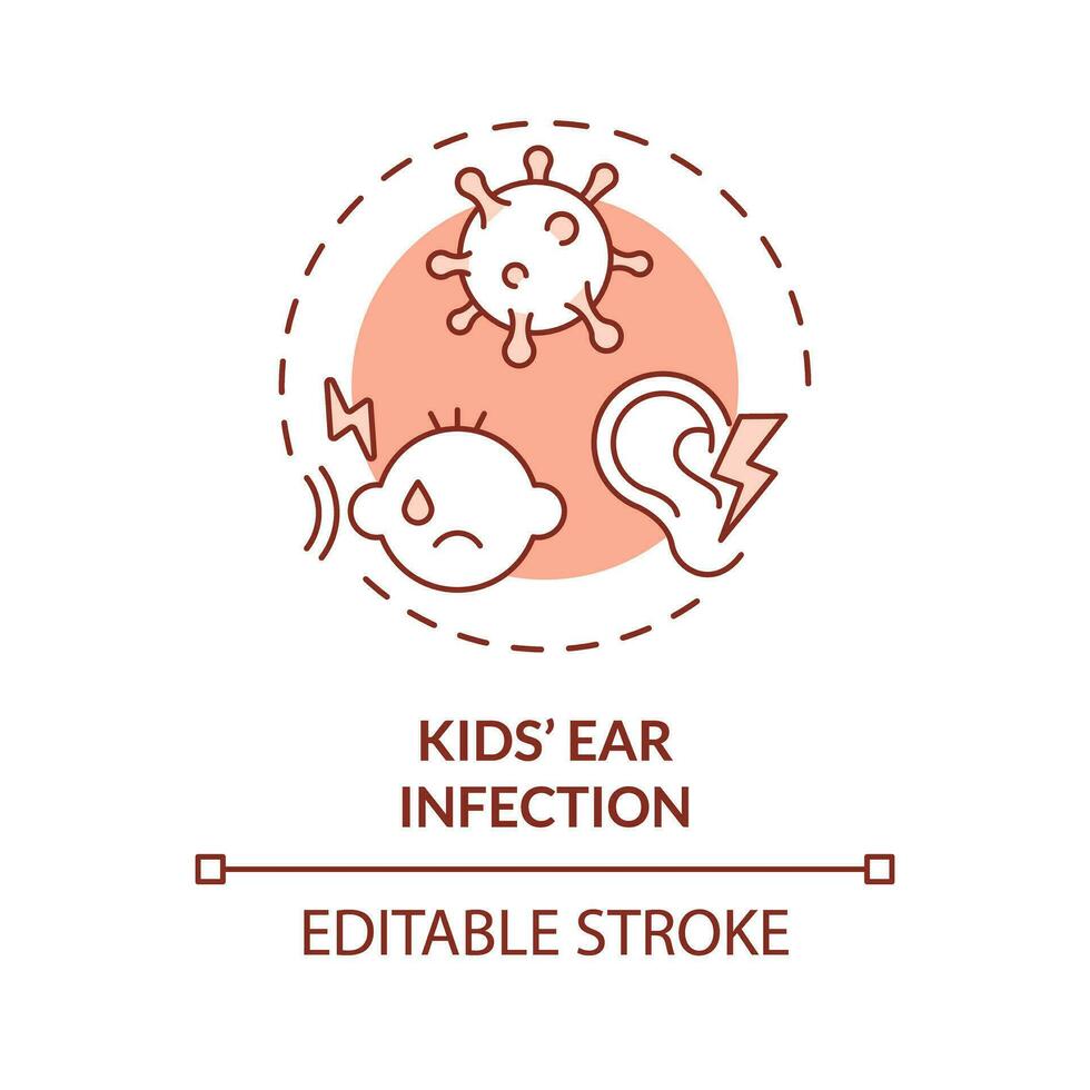 2D editable thin line icon kids ear infection concept, isolated monochromatic vector, red illustration representing parenting children with health issues. vector