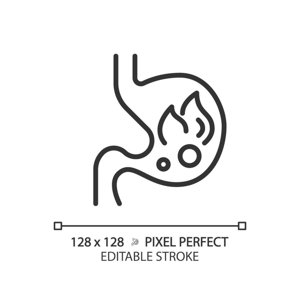 2D pixel perfect editable black burning stomach icon, isolated monochromatic vector, thin line illustration representing metabolic health. vector