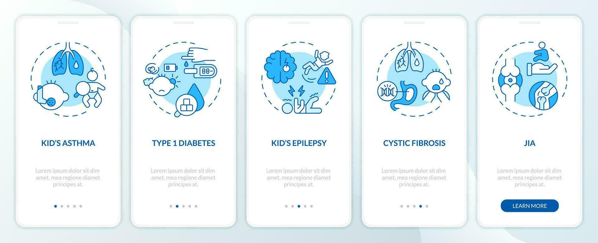 2D icons representing parenting children thin line mobile app screen set. Walkthrough 5 steps blue graphic instructions with thin line icons concept, UI, UX, GUI template. vector