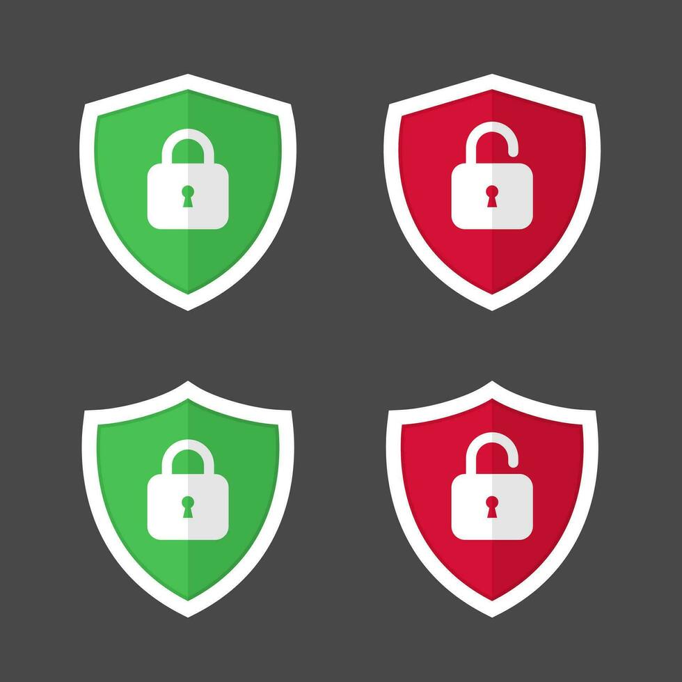 Shield with lock and unlock icon vector. Red and green shields symbol vector