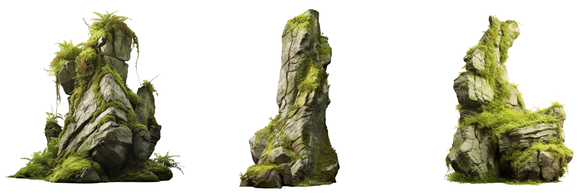AI generated beautiful natural tall rock with moss on transparent background png