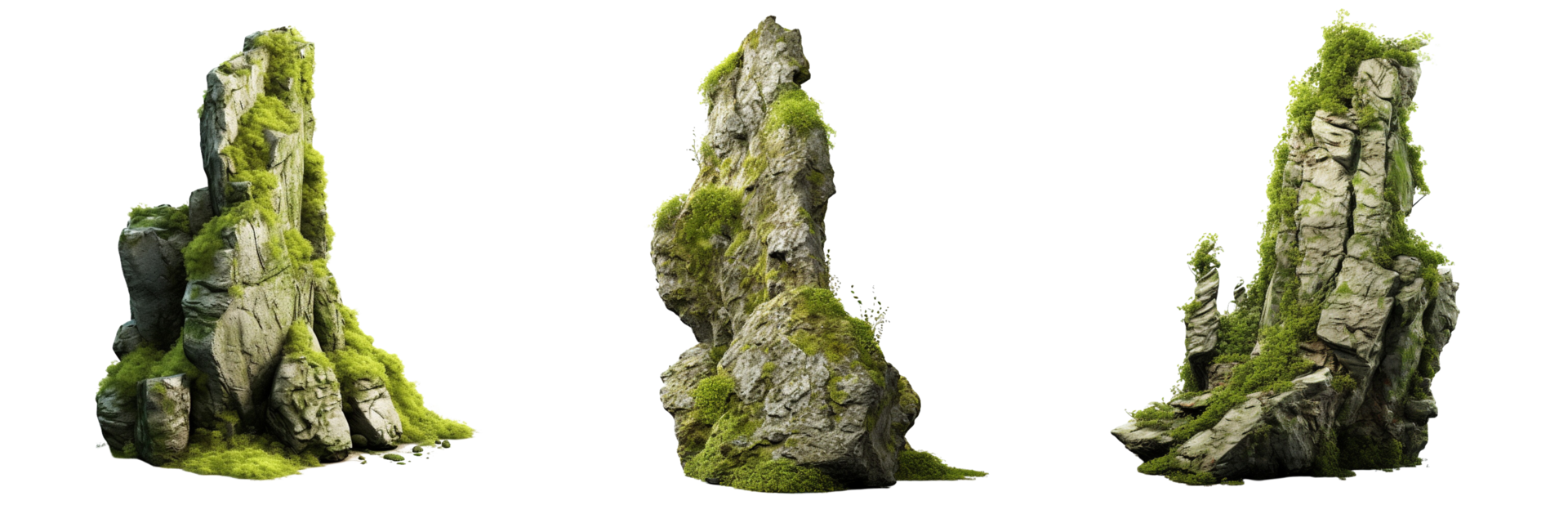 AI generated beautiful natural tall rock with moss on transparent background png