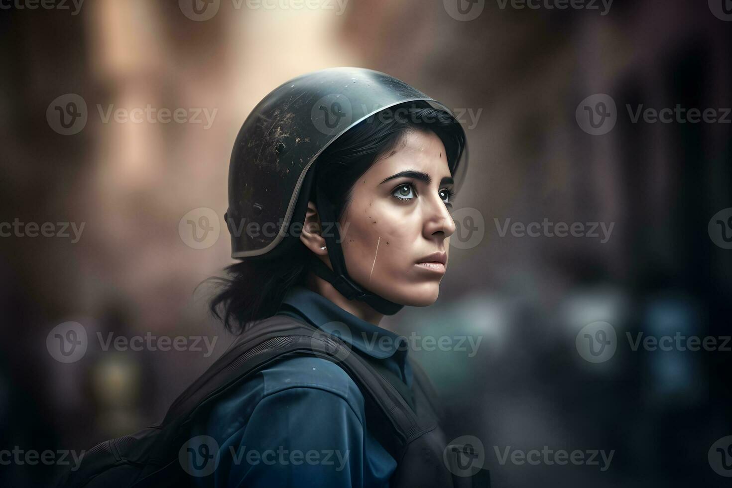 AI generated Female activist protesting with megaphone during a strike with group of demonstrator in background. Woman protesting in the city. Neural network AI generated photo