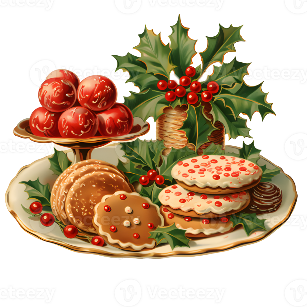AI generated christmas cookies and holly berries on a plate png