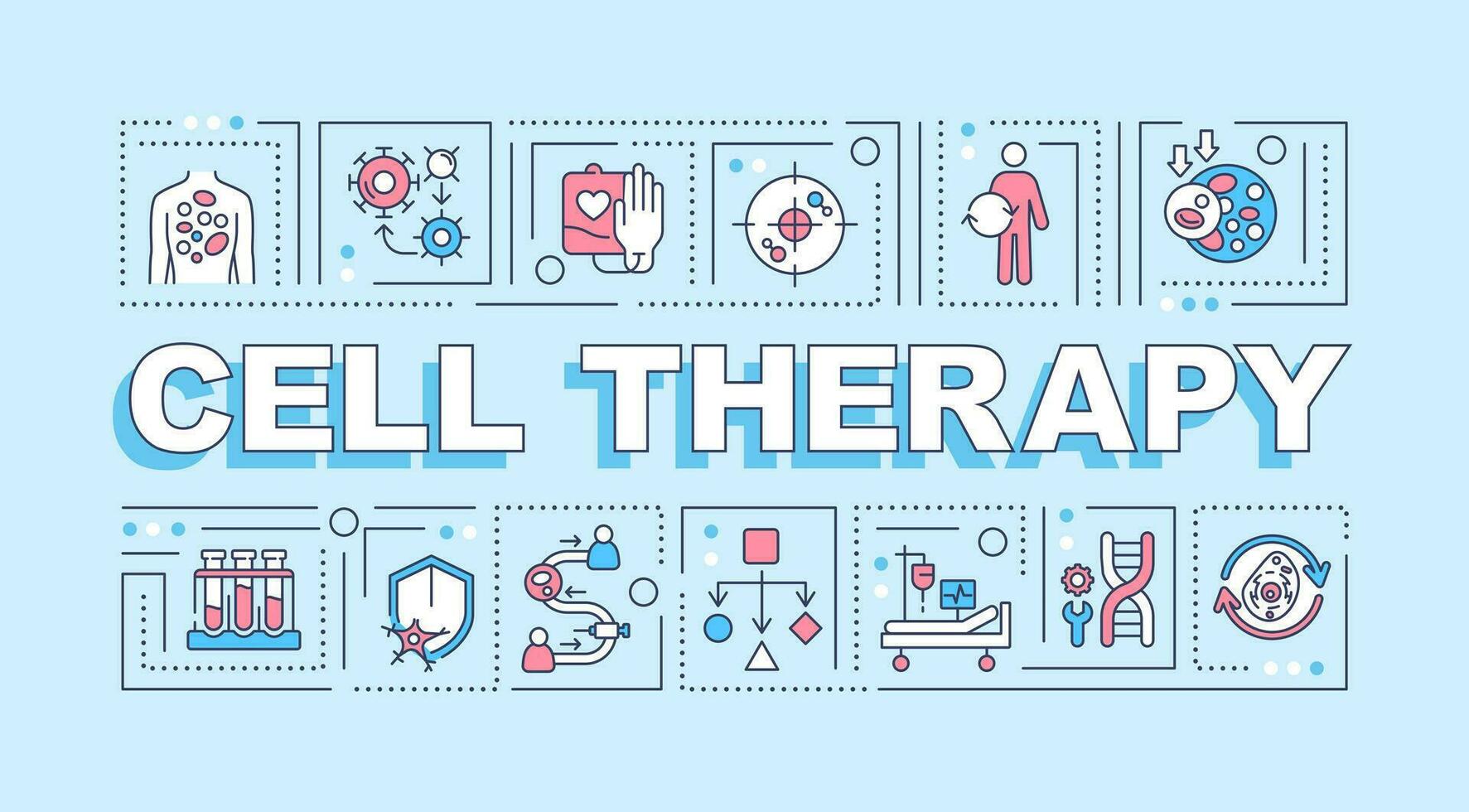 Cell therapy text with various thin line icons concept on blue monochromatic background, editable 2D vector illustration.
