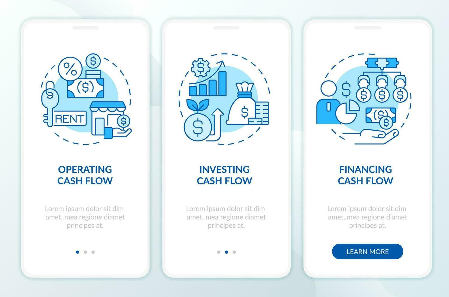 2D icons representing cash flow structure monochromatic mobile app screen set. Walkthrough 3 steps blue graphic instructions with thin line icons concept, UI, UX, GUI template. vector