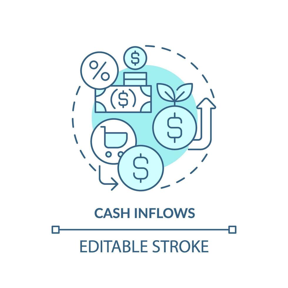 2D editable blue cash inflows icon, monochromatic isolated vector, thin line illustration representing cash flow management. vector