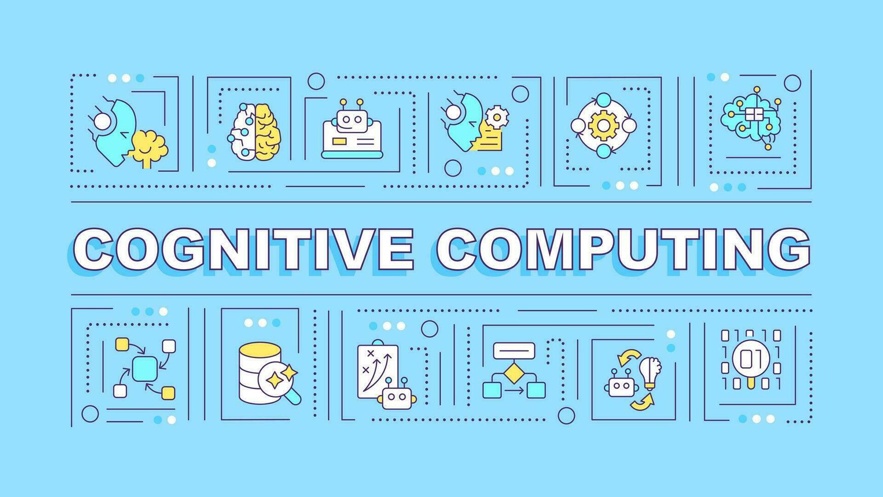 2D cognitive computing text with various thin line icons concept on green monochromatic background, editable vector illustration.