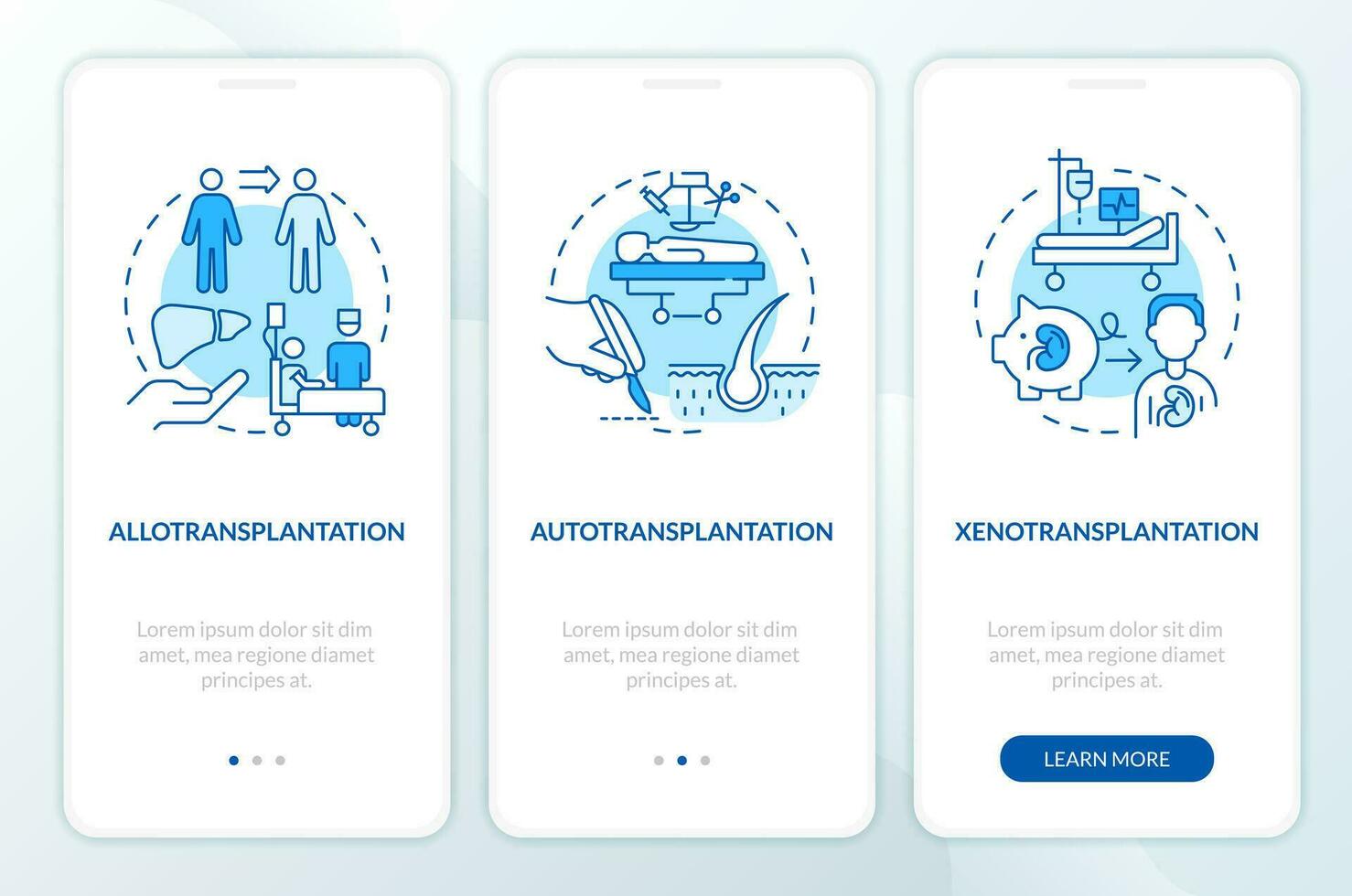 2d azul íconos representando célula terapia estrategias móvil aplicación pantalla colocar. recorrido 3 pasos monocromo gráfico instrucciones con Delgado línea íconos concepto, ui, ux, gui modelo. vector