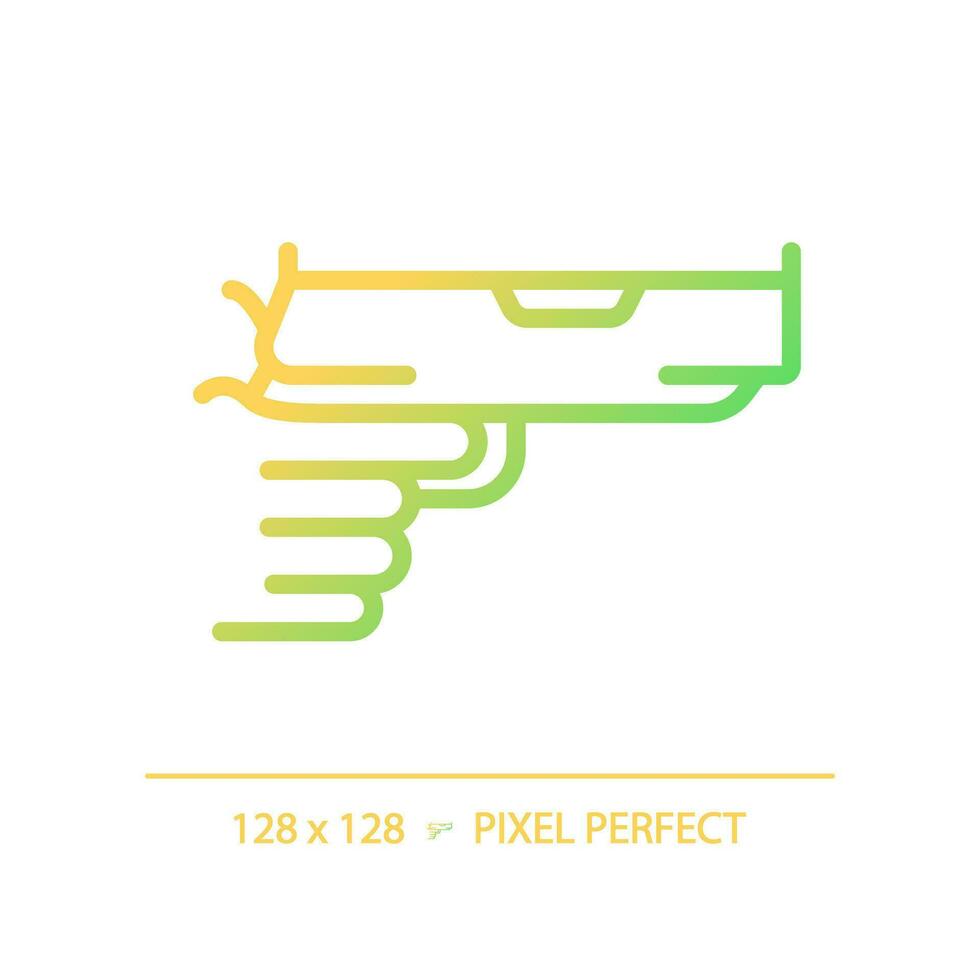 2D pixel perfect gradient gun in hand icon, isolated vector, thin line illustration representing weapons. vector