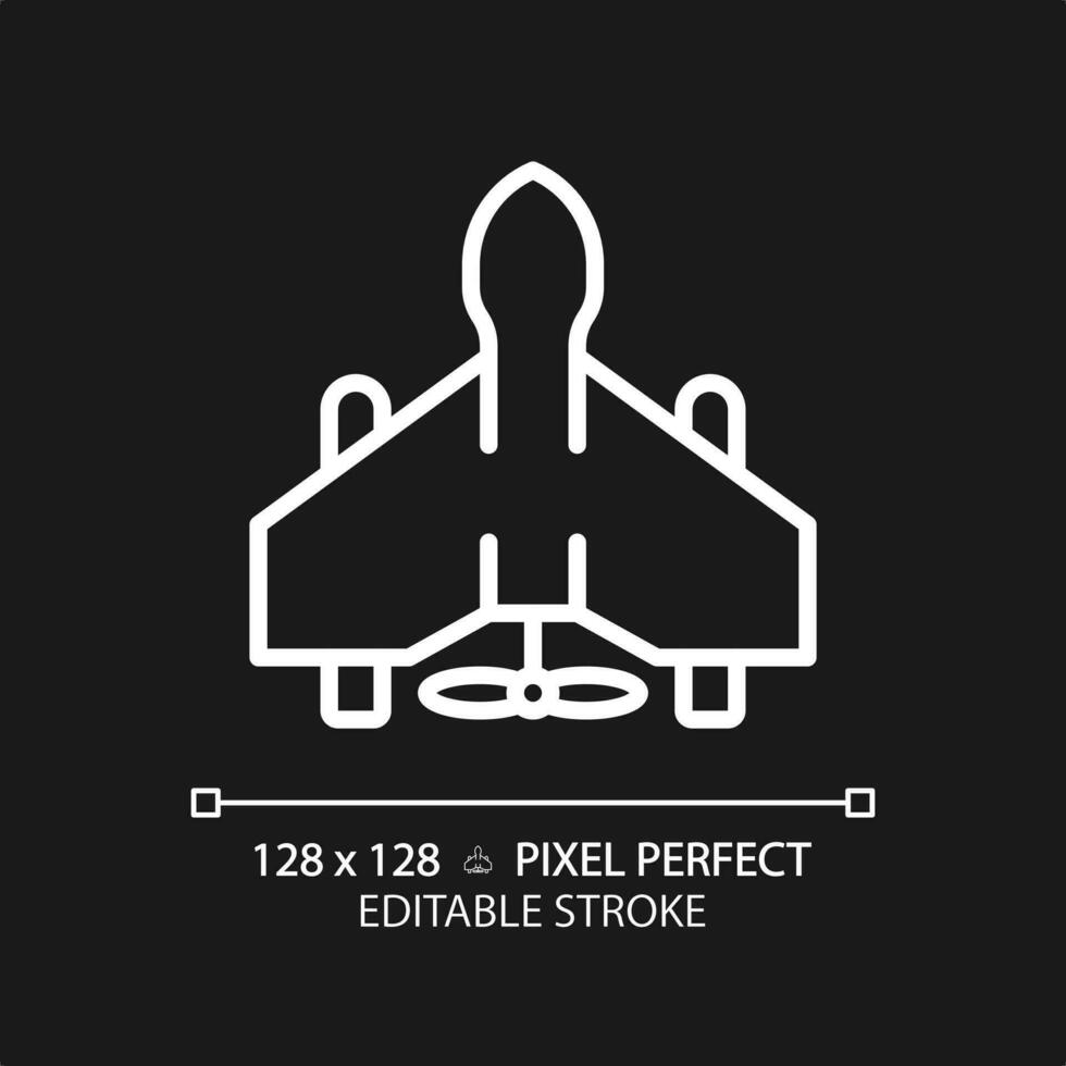2D pixel perfect editable white military drone icon, isolated simple vector, thin line illustration representing weapons. vector